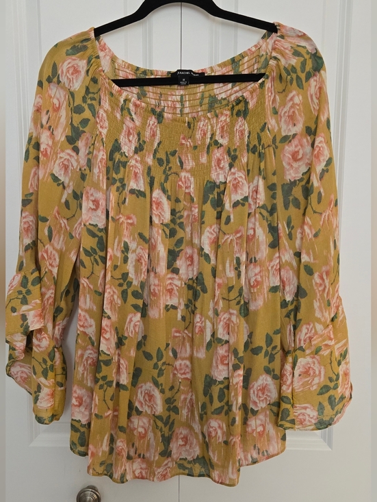 Zach & Rachel Tops - Floral Smocked Mustard Tunic with Pink Rose Print